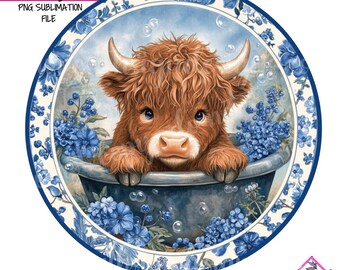 Hooglandkoe en blauwe bloemen krans teken-digitaal ontwerp ALLEEN png-download- voordeurdecor digitaal bord