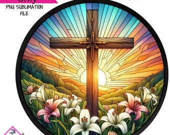 Easter Lily Cross Faux Glas-in-lood Christelijk Pasen Digitale Sublimatie Krans Teken Ontwerp PNG Download ALLEEN Voordeur Decor