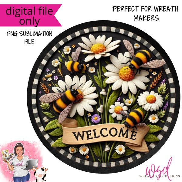 Welcome Bumblebees and Wildflowers Spring Sign Digital Design PNG-Digital Design PNG Download ONLY- Front Door Decor Digital Sign