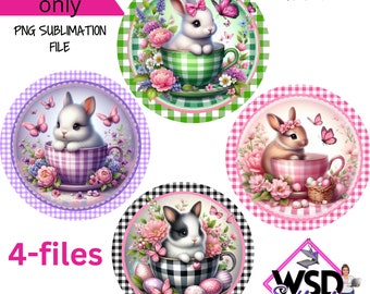 Spring Bunny Tea Cup Set Digitale Sublimatie Krans Teken Ontwerp PNG Download ALLEEN Decor