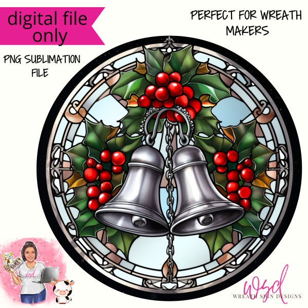 Christmas Silver Bells Faux Stained Glass- Wreath Sign- Digital Design PNG Download ONLY Front Door Decor digital sign