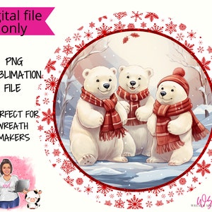 Winter Polar Bear in Red Scarves Digital wreath sign- Digital Design PNG Download ONLY Front Door Decor Digital Sign