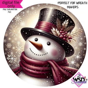 Sublimation Digital Wreath Design |Burgundy and Gold Winter snowman Scene Digital wreath sign- Digital Design PNG Download ONLY