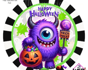Halloween Digital sublimation Wreath Sign- Happy Halloween Purple Fuzzy Monster Wreath Sign Halloween Digital Design PNG Download ONLY