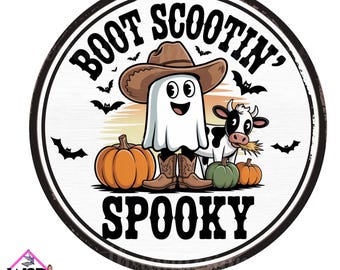 ハロウィン | Boot Scootin' 不気味な西部劇風ハロウィンゴーストリースサイン ハロウィンデジタルデザイン ダウンロードのみ 玄関ドア装飾デジタルサイン