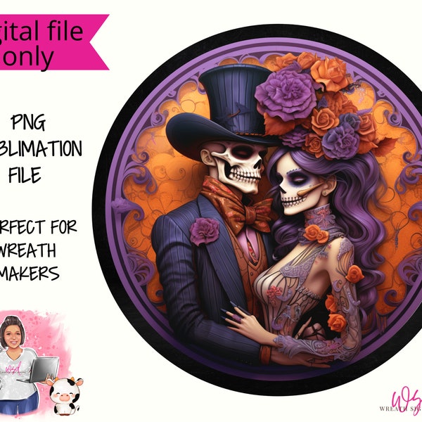 dio de los muertos Couple Black Purple Orange  Day of the Dead Wreath Sign Halloween Digital Design PNG Download ONLY Front Door Decor