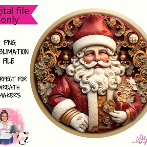 Traditional 3D Red and Gold Santa Christmas Sign Wreath Sign  Digital Design PNG Download ONLY Front Door Decor digital sign