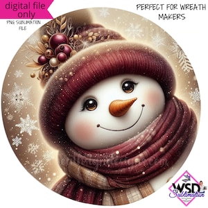 Sublimation Digital Wreath Design |Burgundy and Gold Winter snowman Scene Digital wreath sign- Digital Design PNG Download ONLY