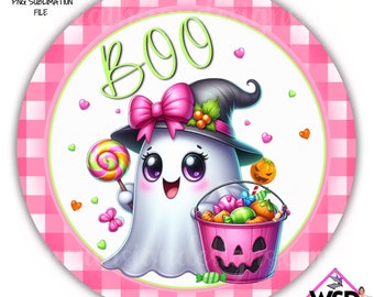ブー ピンク ハロウィン ゴースト リース サイン ハロウィン デジタル デザイン PNG ダウンロードのみ 玄関ドア装飾 デジタル サイン
