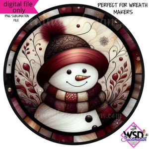 Sublimation Digital Wreath Design |Burgundy faux stained glass snowman Scene Digital wreath sign- Digital Design PNG Download ONLY