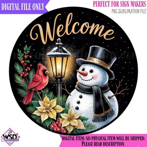 Sublimation Digital Wreath Design |Welcome Snowman Cardinal and Gold Poinsettia | Scene Digital wreath sign-Digital Design PNG Download ONLY