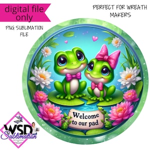 Puede incluir: Una ilustración digital de dos ranas verdes sentadas en nenúfares con flores rosas y el texto "Bienvenido a nuestro pad".