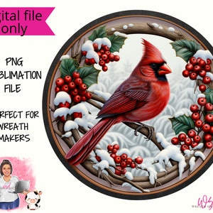 Winter Cardinal and Holly Berries Digital Wreath Sign- Digital Design PNG Download ONLY Front Door Decor Digital Sign
