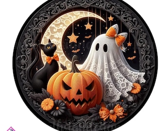 デジタルデザイン | ハロウィンレースゴースト黒猫とジャックオーランタンリースサイン ハロウィン PNGダウンロードのみ 玄関ドア装飾デジタルサイン