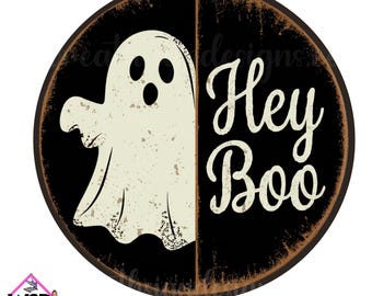 ハロウィン デジタル PNG | Hey Boo ブラックゴースト ハロウィン リース サイン ハロウィン デジタル デザイン PNG ダウンロードのみ 玄関ドア装飾 デジタル サイン