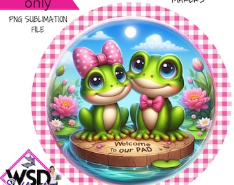 Welkom bij ons Pad Frog-paar met roze pastel digitaal ontwerp PNG-digitaal ontwerp PNG ALLEEN downloaden-voordeur decor