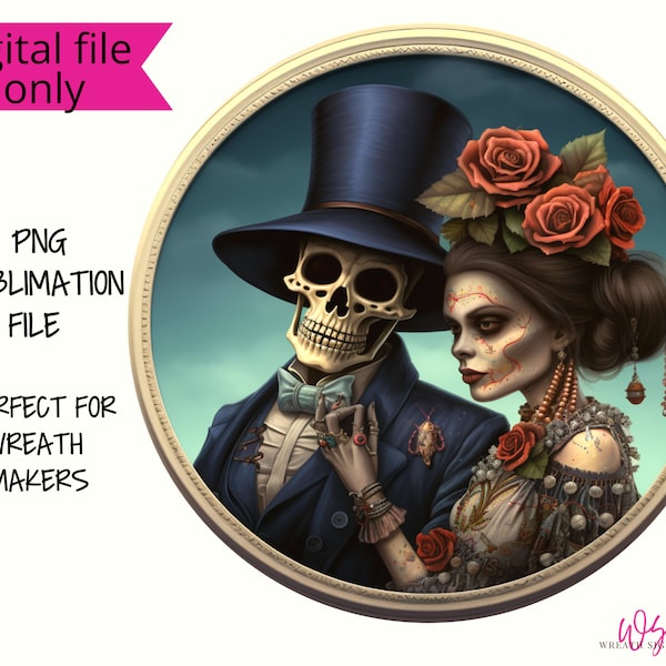 dio de los muertos Couple Vintage  Day of the Dead Wreath Sign Halloween Digital Design PNG Download ONLY Front Door Decor digital sign