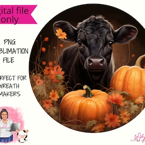Schwarze Kuh mit Herbst Kürbisse Kranz Zeichen digitales Design PNG-Digital Design PNG Download ONLY- Haustür Dekor digitales Zeichen