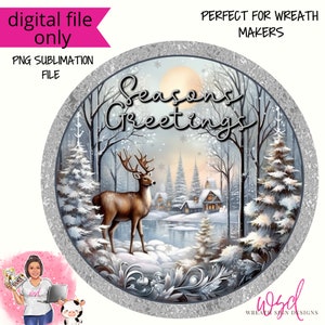 Seasons Greetings Silver Reindeer Winter Christmas Digital wreath sign- Digital Design PNG Download ONLY Front Door Decor Digital Sign