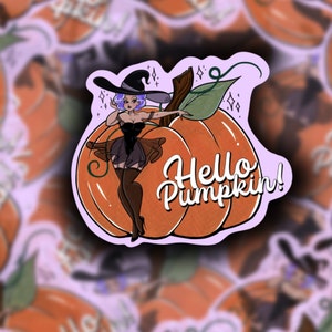 Hello Pumpkin Pinup Witch Sticker -  Laptop Sticker  - Water Bottle Sticker - Journaling Sticker - Retro Aesthetic - Pinup Art - Pinup Witch