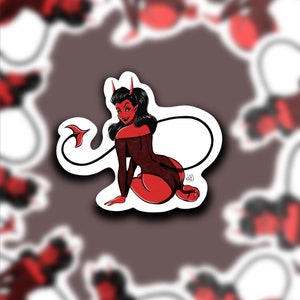 Red Devil Pinup Babe Sticker - laptop sticker - journaling sticker - gift sticker - halloween sticker - spooky babe - retro