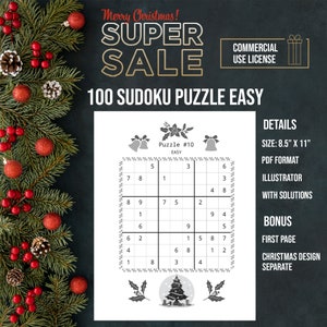 May include: A black and white printable Sudoku puzzle with a Christmas theme. The puzzle is labelled "Puzzle #10 Easy" and features a Christmas tree and bells. The details of the product include the size, format, and bonus features.