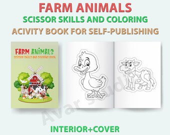 Livro de colorir e atividades com tesoura de animais da fazenda - KDP Interior (PDF + AI)