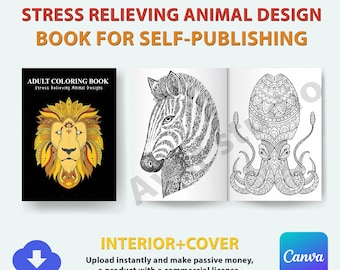 Stress Relieving Animal Coloring Book | KDP Interior, Canva Editable