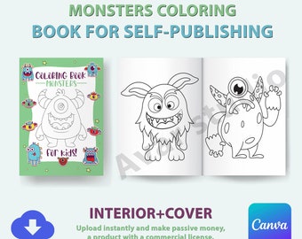 Printable Monster Coloring Book | KDP Interior, Cover Bonus (Canva Editable)