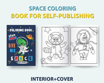 May include: A coloring book cover with a blue background and a cartoon dinosaur wearing a space suit. The title of the book is "Space Kids Give Me Space" and the subtitle is "astronaut". The inside pages of the book feature black and white illustrations of a raccoon and a pig wearing space suits.