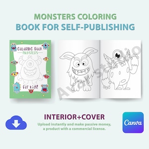 Printable Coloring Book with Monsters | BOOK for SELF-PUBLISHING with Commercial License - Kdp Interior and Cover Bonus - Editable Canva