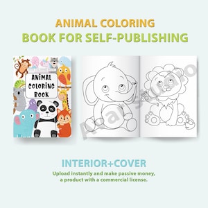 Puede incluir: Un libro para colorear en blanco y negro con una portada que presenta una variedad de animales. El título del libro es "Animal Coloring Book". Las páginas interiores presentan un elefante y un león.