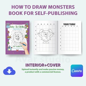 Könnte beinhalten: Ein lila-weißes Buchcover mit dem Titel "How to Draw Monsters Book for Self-Publishing". Das Cover zeigt ein Cartoon-Monster mit einem breiten Grinsen und einer langen Zunge. Das Buch ist für Kleinkinder konzipiert und enthält ein Raster zum Zeichnen.