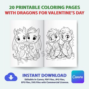 20 Printable Coloring Pages with Dragons for Valentine&#39;s Day | Printable at Home or SELF-PUBLISHING with Commercial License  -Canva Editable