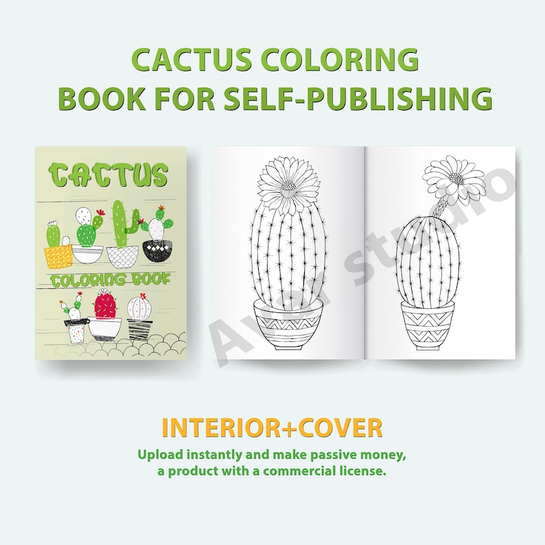 May include: A colouring book cover with a green background and the text "Cactus Colouring Book" in black. The cover features a variety of cacti in pots with colourful accents. The interior pages show two black and white illustrations of cacti in pots.