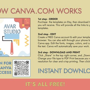 Może przedstawiać: Grafika z wałkiem malarskim i tekstem "AVAR STUDIO" w kolorowym designie. Grafika jest uzupełniona kodem QR i tekstem wyjaśniającym, jak korzystać z Canva.com do edycji i pobierania szablon&oacute;w. Tekst brzmi "HOW CANVA.COM WORKS", "1st step - ORDER", "2nd step - EDIT", "3rd step - DOWNLOAD AND PRINT", "INSTANT DOWNLOAD" i "IT'S ALL FREE!"