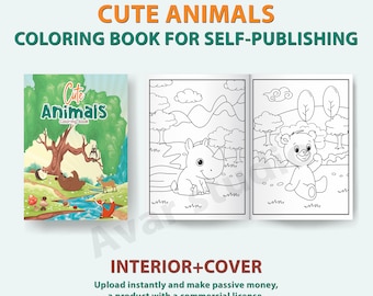 Livro de colorir com animais fofos para imprimir | Bônus de capa e interiores da KDP - Páginas fáceis para colorir para autopublicação