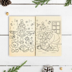 Peut inclure: Un livre de coloriage en noir et blanc repr&eacute;sentant une sc&egrave;ne de No&euml;l avec le P&egrave;re No&euml;l, un sapin de No&euml;l et des cadeaux. Le livre est ouvert sur deux pages, la page de gauche montrant un sapin de No&euml;l avec des cadeaux et des jouets en dessous, et la page de droite montrant le P&egrave;re No&euml;l en train de livrer des cadeaux.