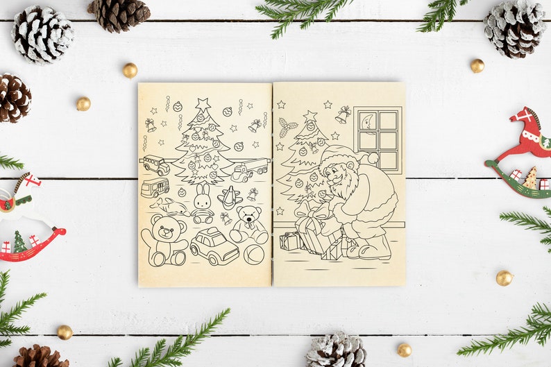 Peut inclure: Un livre de coloriage en noir et blanc repr&eacute;sentant une sc&egrave;ne de No&euml;l avec le P&egrave;re No&euml;l, un sapin de No&euml;l et des cadeaux. Le livre est ouvert sur deux pages, la page de gauche montrant un sapin de No&euml;l avec des cadeaux et des jouets en dessous, et la page de droite montrant le P&egrave;re No&euml;l en train de livrer des cadeaux.