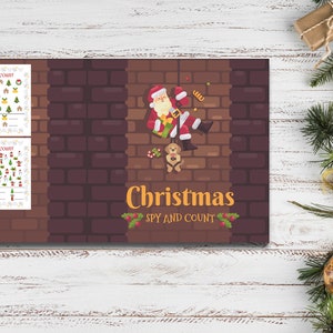 Peut inclure: Une feuille d'activit&eacute; imprimable sur le th&egrave;me de No&euml;l avec un fond de briques. Le P&egrave;re No&euml;l descend une chemin&eacute;e avec un sac de cadeaux et un chien. La feuille comprend un jeu de "Spy and Count" avec deux sc&egrave;nes diff&eacute;rentes pour compter les objets.