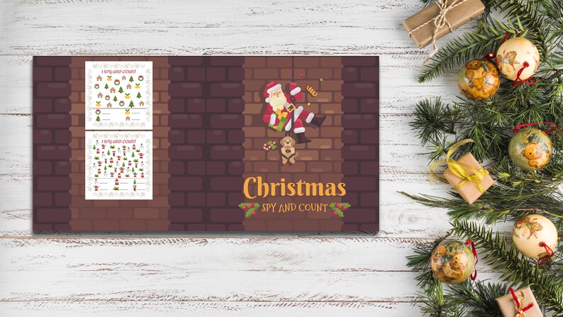 Peut inclure: Une feuille d'activit&eacute; imprimable sur le th&egrave;me de No&euml;l avec un fond de briques. Le P&egrave;re No&euml;l descend une chemin&eacute;e avec un sac de cadeaux et un chien. La feuille comprend un jeu de "Spy and Count" avec deux sc&egrave;nes diff&eacute;rentes pour compter les objets.