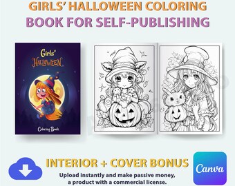 Livro de colorir de Halloween para meninas | KDP Interior, editável no Canva (Licença comercial)