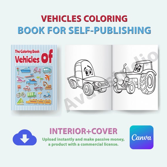 Printable Vehicles Coloring Book | KDP Interior, Canva Editable (Commercial License)