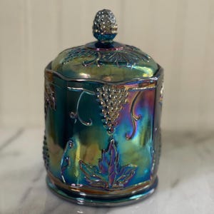 Indiana Glass Carnival Glass Harvest Grape Iridescent Blue Candy Dish Biscuit Jar