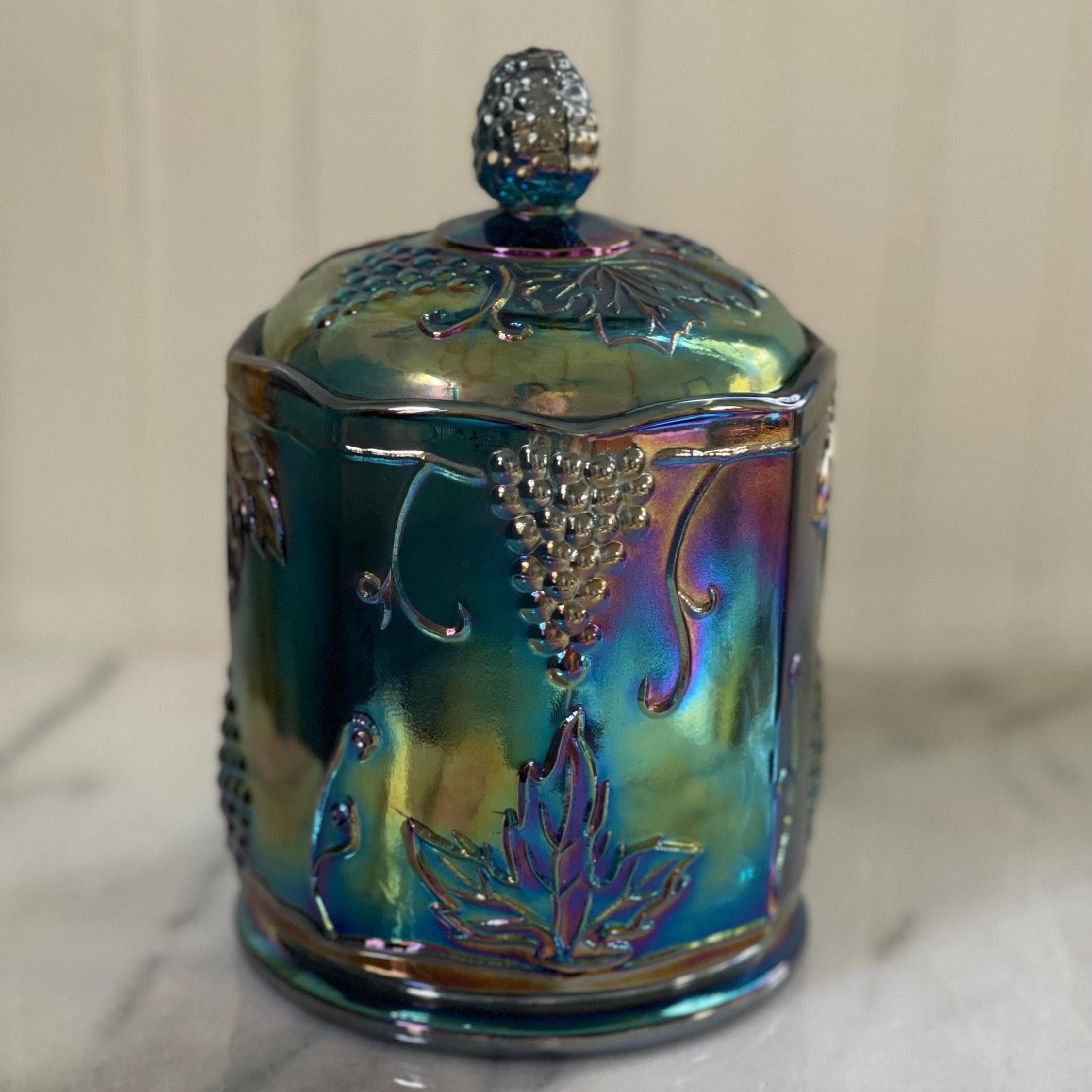 Indiana Glass Carnival Glass Harvest Grape Iridescent Blue Candy