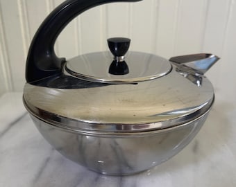 Vintage MCM Revere Ware Teapot Stainless Steel Cat Tail Handle 1 Qt