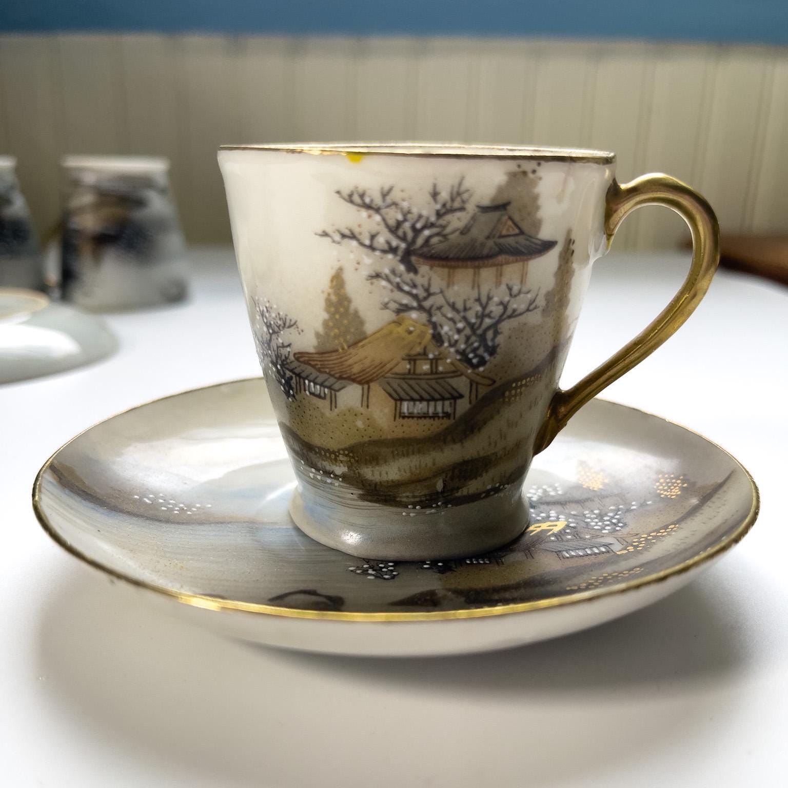 ♦横浜焼？ 富士山水図 金彩色絵 カップソーサー コレクション骨董品アンティーク ♢横浜焼？ 富士山水図 金彩色絵 カップソーサー コレクション