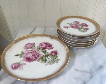 Handpainted Porcelain Cake Plate Set Roses with Gilt Edges, Signed Marcinet