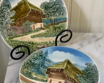 Pair of Cottage Scene Majolica Plates with Raised Relief made in West Germany