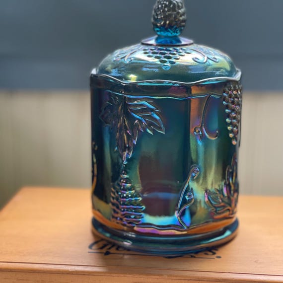 Indiana Glass Carnival Glass Harvest Grape Iridescent Blue Candy